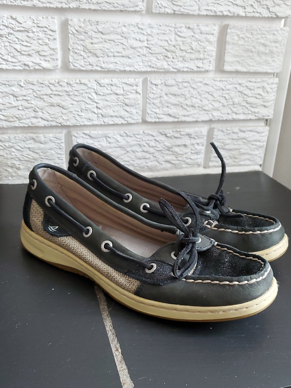 Sperry Authentic Original Leather Boat Shoes Black & Tan US 7.5 M Sparkly Casual
